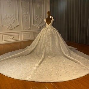GL1578 Ruffled Cap Sleeve Floral Embroidered Ballgown
