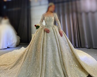 Custom-made to order luxury crystal beaded 3D lace long sleeve shimmering ballgown Victorian royal wedding dress with cathedral train