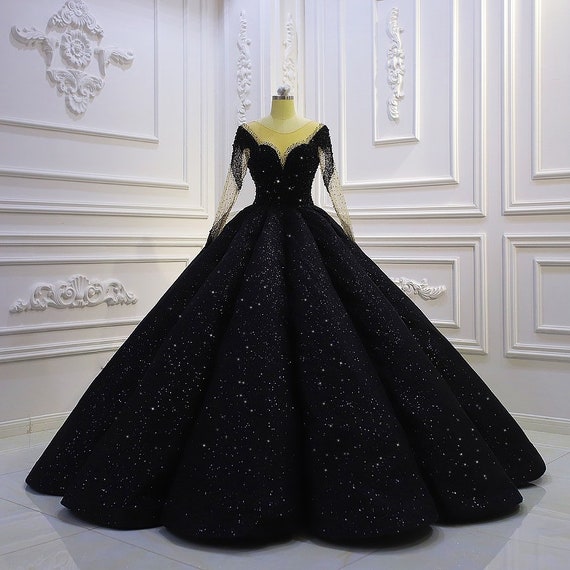 Luxury Crystal Beading Black Shimmering Lace Long Sleeve Deep V