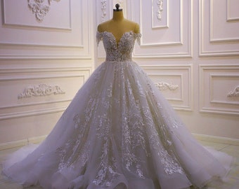 Custom-made ivory white off the shoulder 3D floral Aline/ ballgown wedding dress with V neck