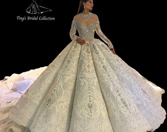 Stock clearance! Luxury crystal beaded lace embroidery overall high neck long sleeve royal wedding dress with ruffles skirt