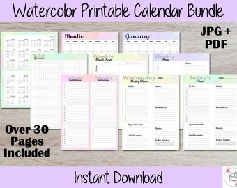 Watercolor Calendar Planner Bundle - Printable Daily, Weekly Monthly Planner - Minimalis Design - Portrait Calendar - A4 - Letter