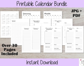 Calendar Planner Bundle - Printable Daily, Weekly Monthly Planner - Minimalist Ink-Saving Design - Portrait Calendar - A4 - Letter