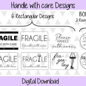 Digital Download - Fragile handle with Care - Print with your thermal printer - 6 rectangular designs - 2 bonus round designs
