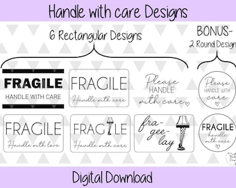 Digital Download - Fragile handle with Care - Print with your thermal printer - 6 rectangular designs - 2 bonus round designs
