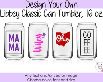 Custom Libbey Classic Can Glass Tumbler, 16 oz - Choose your Font, Color, and Design