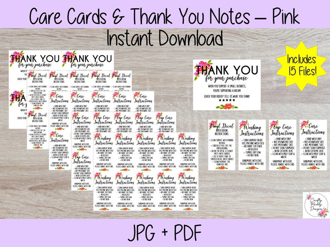 Digital Download Care Instructions Thank You Notes Decal Instructions ...
