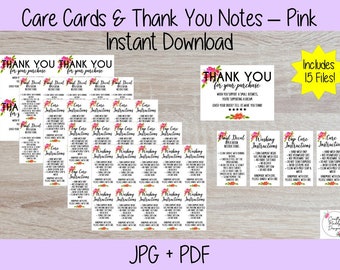 Digital Download - Care Instructions - Thank you notes - Decal Instructions - Wash Instructions - Print at home - 5 designs included