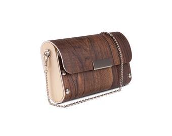 Handbag from upcycled vinyl flooring and wood, vegan friendly, clutch, wristlet and shoulder bag, Wood Handbag