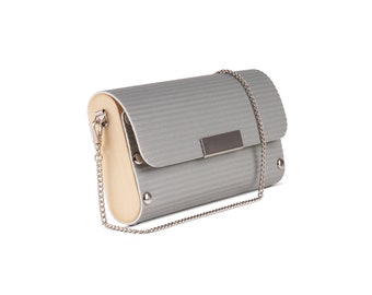 Grey Handbag from upcycled ripple texture vinyl flooring and wood, grey vegan friendly, clutch, wristlet and shoulder bag, Grey Handbag