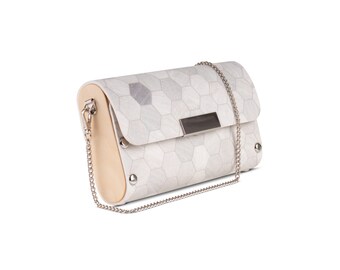 Grey Honeycomb Hexagon pattern Handbag from upcycled vinyl flooring and wood, vegan friendly, clutch, wristlet and shoulder bag