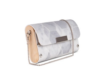 Handbag from upcycled vinyl flooring and wood, vegan friendly, clutch, wristlet and shoulder bag, Hexagon Honeycomb print handbag