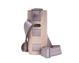 Water Bottle Carrier, Beige cross body water bottle tote in eco friendly & vegan friendly felt, with adjustable strap