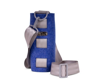 Water Bottle Carrier, Blue cross body water bottle tote in eco friendly & vegan friendly felt, with adjustable strap