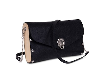 The Joy Ride Rubber Handbag, from recycled rubber & wood, black vegan handbag, black clutch and shoulder handbag