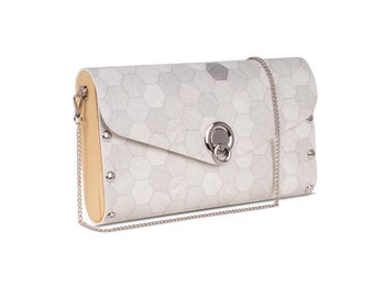 Handbag from upcycled vinyl flooring and wood, vegan friendly, clutch and shoulder bag, Honeycomb hexagon print Handbag