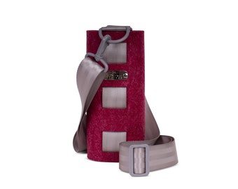 Water Bottle Carrier, Wine Red cross body water bottle tote in eco friendly & vegan friendly felt, with adjustable strap