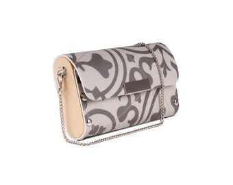Handbag from upcycled vinyl flooring and wood, vegan friendly, clutch, wristlet and shoulder bag, brown filigree print handbag