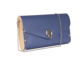 Handbag from upcycled vinyl flooring and wood, vegan friendly, clutch and shoulder bag, blue handbag