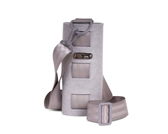 Water Bottle Carrier, Silver Grey cross body water bottle tote in eco friendly & vegan friendly felt, with adjustable strap
