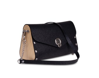 The Roadster Handbag, from recycled rubber and wood, black vegan shoulder bag, black vegan handbag