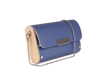 Handbag from upcycled vinyl flooring and wood, vegan friendly, clutch, wristlet and shoulder bag, Blue Handbag