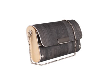 Dark Grey Handbag from upcycled vinyl flooring and wood, vegan friendly, clutch, wristlet and shoulder bag, Chrcoal Wood Plank Handbag