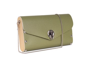 Handbag from upcycled vinyl flooring and wood, vegan friendly, clutch and shoulder bag, Chartreuse Green Handbag