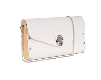 Handbag from upcycled off white vinyl flooring and wood, vegan friendly, clutch and shoulder bag, white shoulder bag