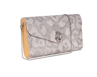 Handbag from upcycled grey filigree vinyl flooring and wood, vegan friendly, clutch and shoulder bag, grey filigree print handbag