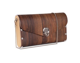 Handbag from upcycled vinyl flooring and wood, vegan friendly, clutch and shoulder bag, Wood Handbag