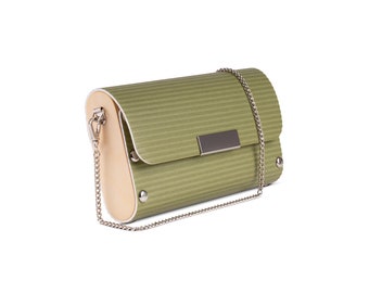 Handbag from upcycled vinyl flooring and wood, vegan friendly, clutch, wristlet and shoulder bag, Chartreuse Handbag