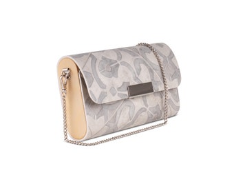 Handbag from upcycled grey filigree vinyl flooring and wood, vegan friendly, clutch, wristlet and shoulder bag, grey filigree print handbag