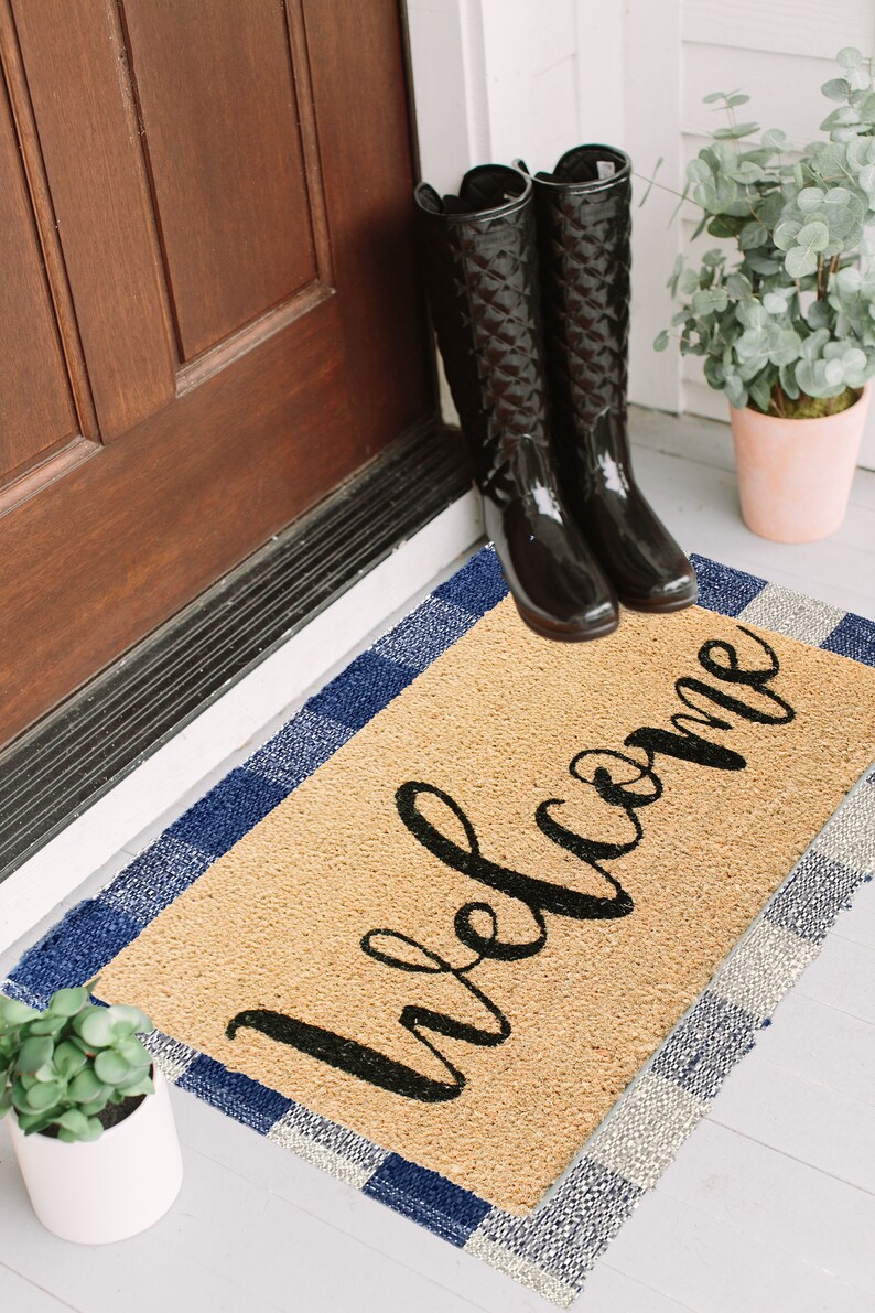 Navy Blue Buffalo Check Cotton Indoor Outdoor Rug Doormat Etsy