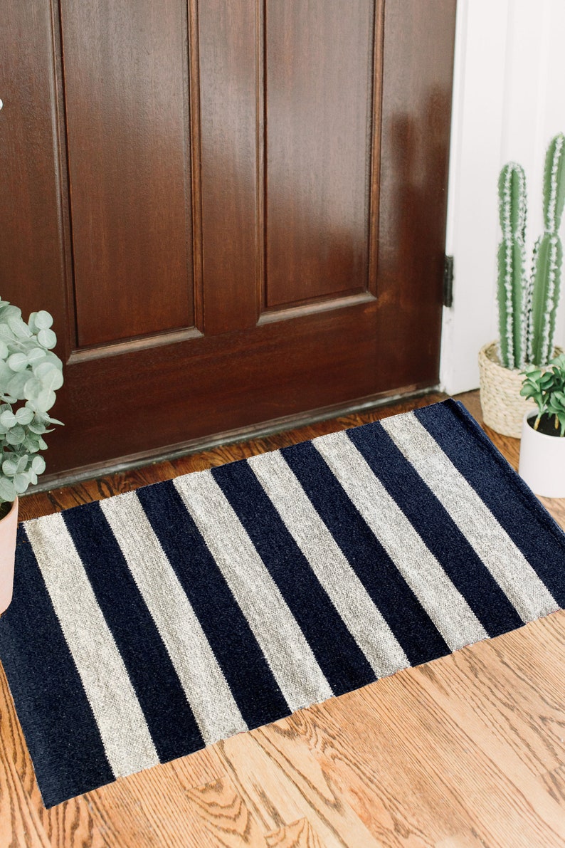 Bold Black Stripe Indoor Outdoor Cotton Rug 24x36 Doormat Etsy