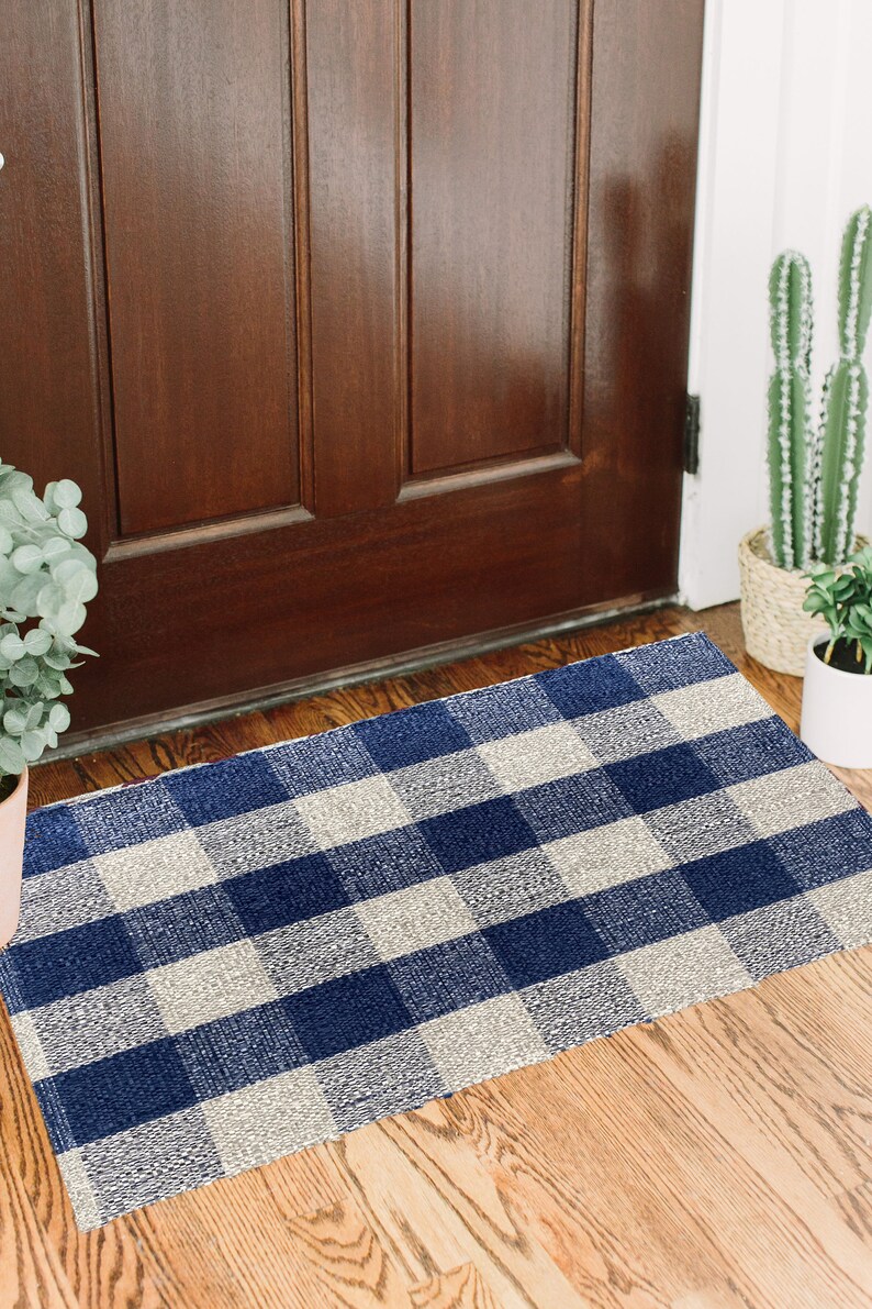 Navy Blue Buffalo Check Cotton Indoor Outdoor Rug Doormat Etsy
