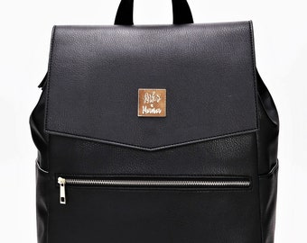 Convertible Multifunctional Large Black Premium Vegan Leather Diaper Bag Backpack | Chic Work Backpack | Laptop Backpack