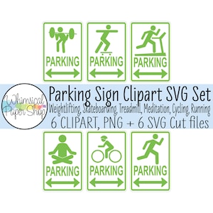 Parkeren teken SVG clipart, afdrukbare parkeerplaats teken, lopende stok figuur SVG gesneden bestand, fietsenstalling, yoga parkeren, skateboard, gewichtheffer