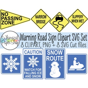 雪道標識 SVG クリップアート セット。スノーモービル標識。印刷可能な道路標識クリップアート。曲がりくねった道路 SVG。追い越し禁止区域 SVG。降り注ぐ氷と雪。