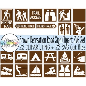 Insieme di clipart SVG del segnale stradale. Segnale del sentiero escursionistico in formato SVG. Clipart stampabile dei segnali stradali. Segno di ricreazione in formato SVG. Icone del campeggio. Icone di pesca.