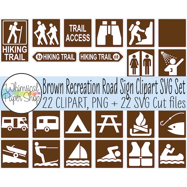 Road Sign SVG Clipart Set. Hiking trail sign svg. Printable road sign clipart. Recreation sign svg. Camping icons. Fishing icons.