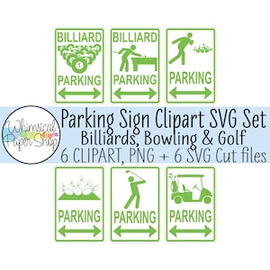 Parkeren teken SVG clipart, afdrukbare parkeerplaats teken, biljart parkeren teken, golfkar parkeren, bowling stok figuur SVG gesneden bestand, golf parkeren