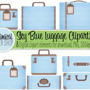 CLIPART Sky Blue Luggage, imágenes prediseñadas de la maleta vintage azul cielo, clipart bolsa de viaje de vacaciones, imágenes PNG, elementos imprimibles