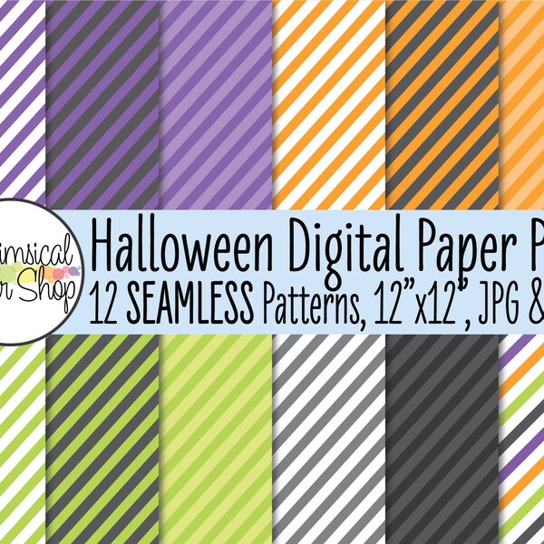 Seamless Diagonal Stripe Digital Paper Set, Halloween seamless pattern, printable paper gray stripe orange stripe purple stripe green stripe