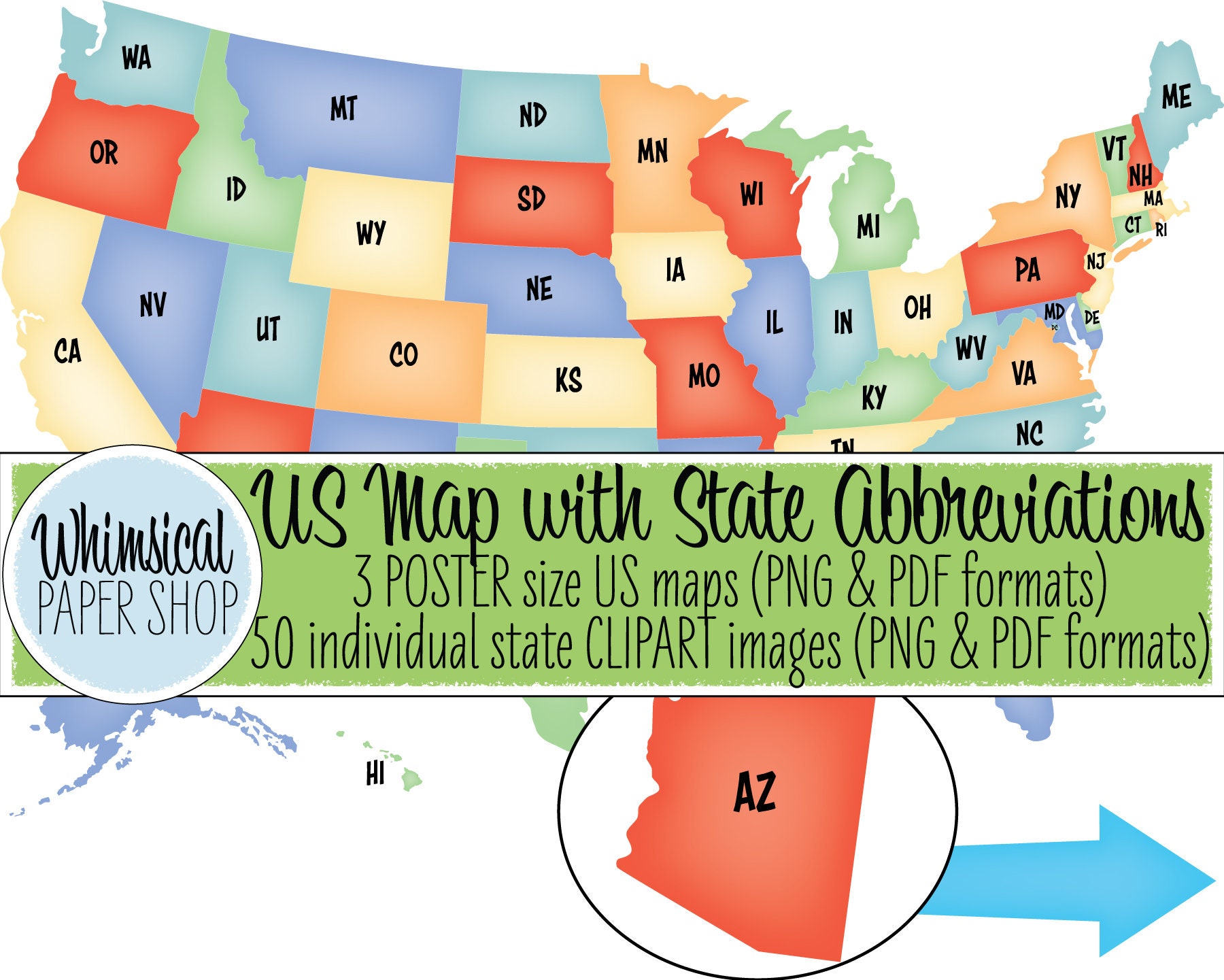 clipart united states map with state abbreviations printable etsy