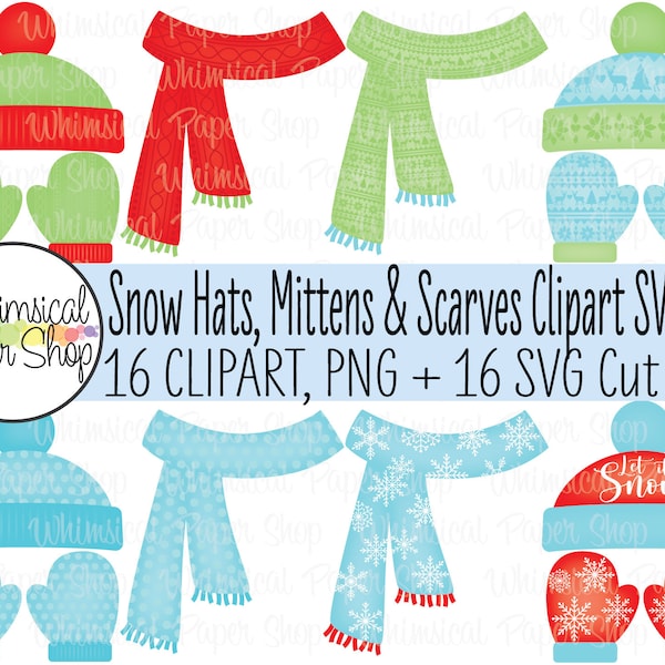 Winter Clipart SVG Set, Christmas mitten svg, scarf svg, mitten svg, winter gloves clipart, beanie clipart, scarf clipart, winter hat svg