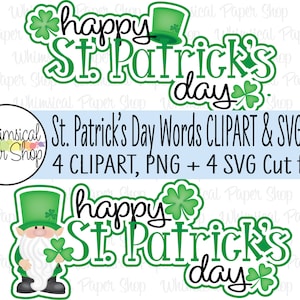 Happy St. Patrick&#39;s Day PNG SVG Set, leprechaun scrapbook page title, svg cut file for Cricut, St. Patrick paper piecing clipart png svg