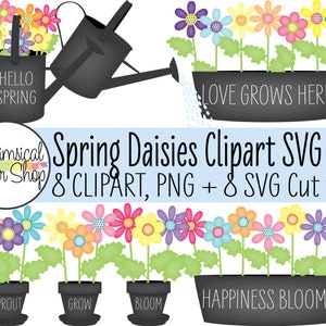 Lente Madeliefjes PNG SVG Set, madeliefje in potten gieter clipart, svg gesneden vijlen voor cricut, Pasen png, bloemen clipart, geluk bloeit svg