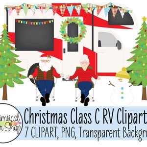 Camping Santa Clipart Set, Santa and Mrs Claus, Santa Claus clipart, camper clipart, Class C Motorhome, Class C RV, Christmas camper png
