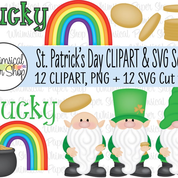 St Patricks Day SVG Clipart Set 3, pot of gold SVG, Leprechaun gnome svg, rainbow svg, Leprechaun png, St Patricks Day PNG,gold coin clipart
